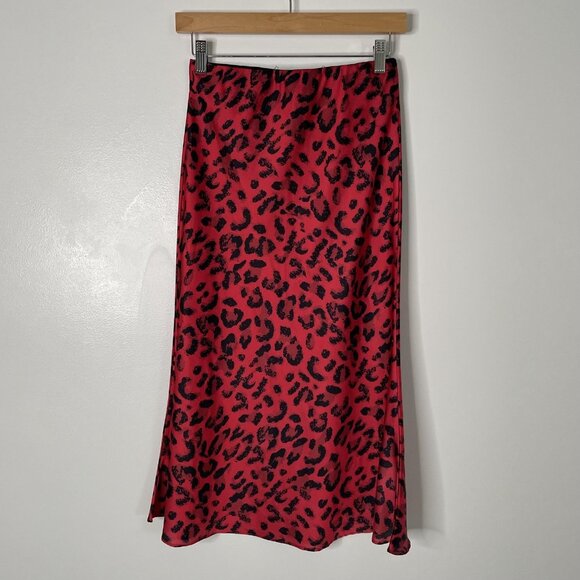 Kourt Skirt Womens Medium Red Black Leopard Animal Print Pull On Midi Slip Satin - Picture 4 of 9